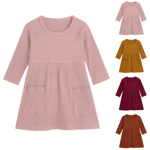 JSGEK Girl Dress Long Sleeve Solid Color Casual Dresses Girls Spring Summer Crew Neck Soft Comfy Dress with Pockets Brown 3 Years