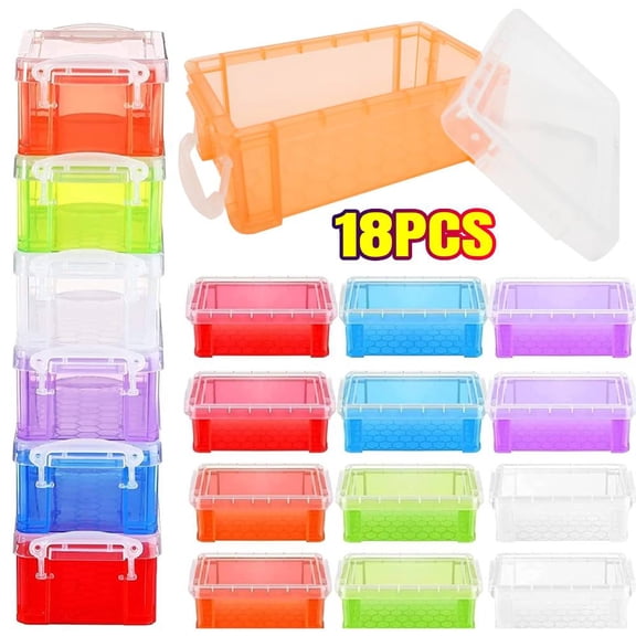 18 Pcs Small Plastic Crayon Box with Lid, 5" X 2.8" X 2" Stackable Storage Case Mini Organizer Containers Clear Latch Storage Bins for Jewelry Beads Craft Office Fishing