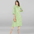 thumbnail image 3 of Janasya Indian Chinese Neck Bell Sleeve Gold Print Light Green Poly Crepe Kurta For Women, 3 of 8