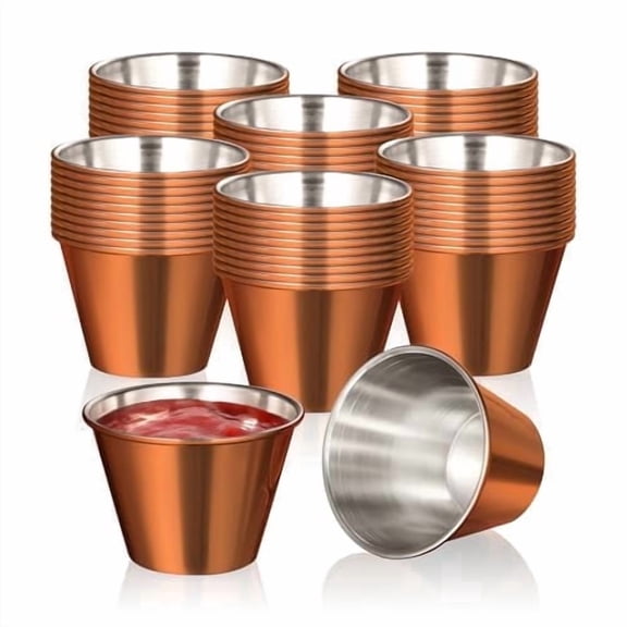 Fit Meal Prep [120 Pack 1.5 oz Stainless Steel Sauce Cups - Copper Plated Individual Round Condiments Ramekins, Commercial Grade Safe/Portion Dipping Sauce Kitchen Set