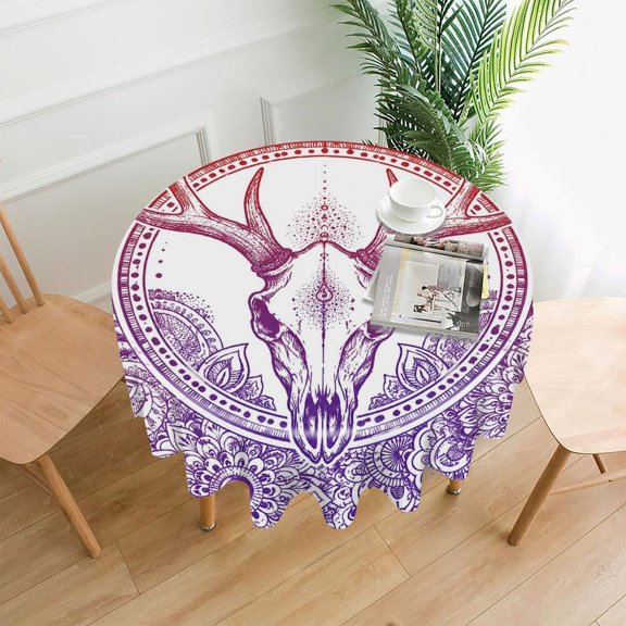 RKSupls 60 Inch Round Tablecloth, Mandala Deer Skull Red Purple Premium Polyester Straight Edge Wrinkle Resistant Washable Table Cover for Party Home Dining Decor