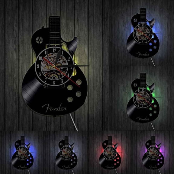 Acoustic Guitar Wall Art Wall Clock Musical Instrument Home Interior Wall Decor Vinyl Record Wall Clock Rock n Roll Musical Gift With LED