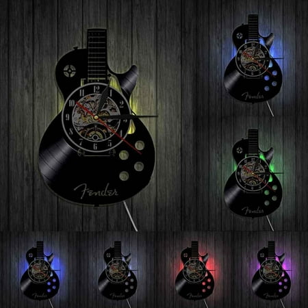 Acoustic Guitar Wall Art Wall Clock Musical Instrument Home Interior Wall Decor Vinyl Record Wall Clock Rock n Roll Musical Gift With LED