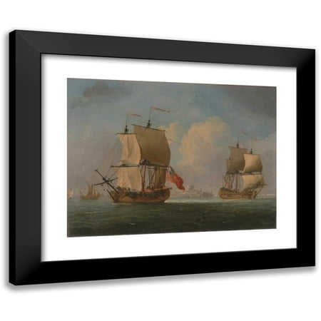 Francis Swaine 14x12 Black Modern Framed Museum Art Print Titled - An English Sloop and a Frigate in a Light Breeze