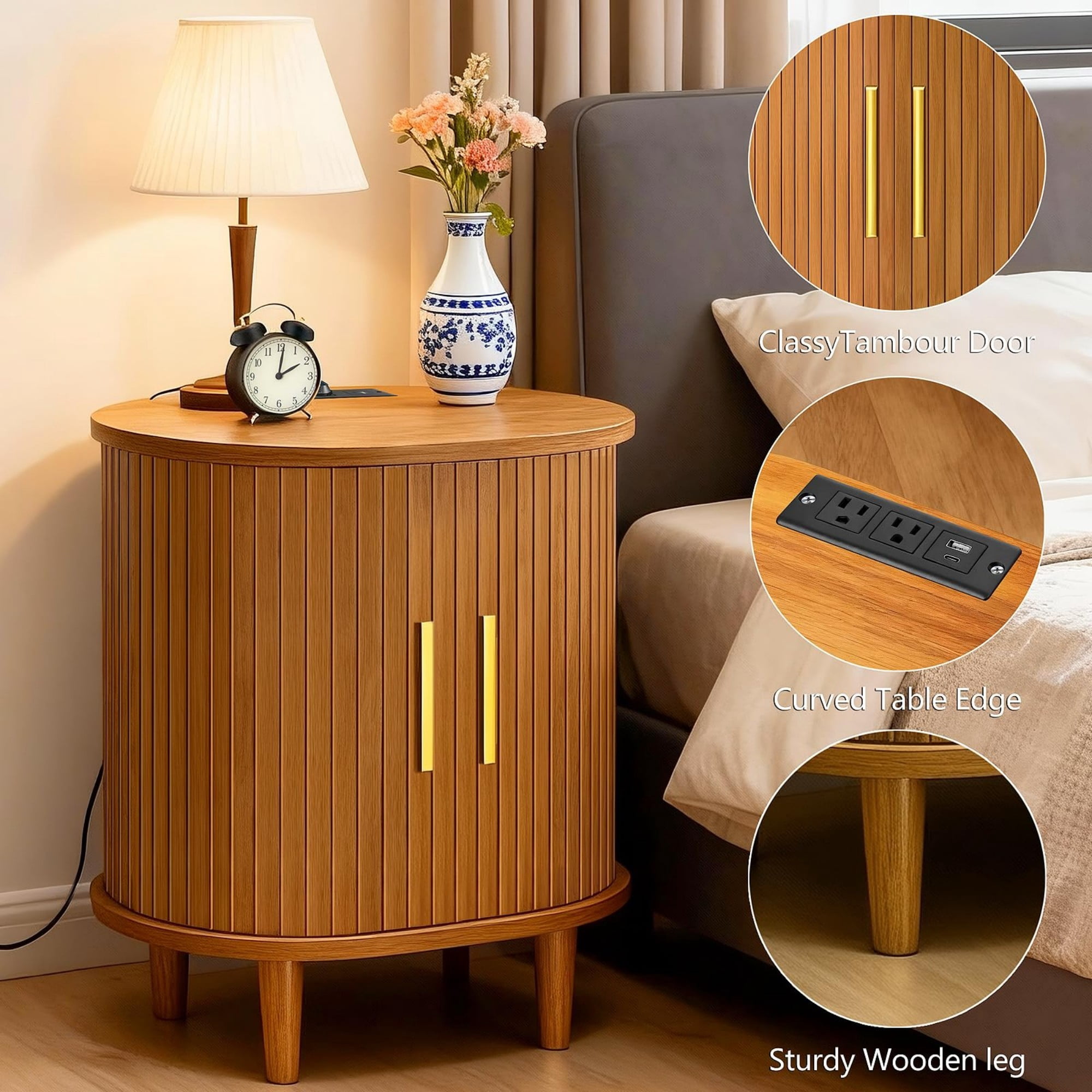 Mid Century Modern Nightstand with Charging Station, Fluted Side Table with Sliding Door & Adjustable Shelf, Yellow