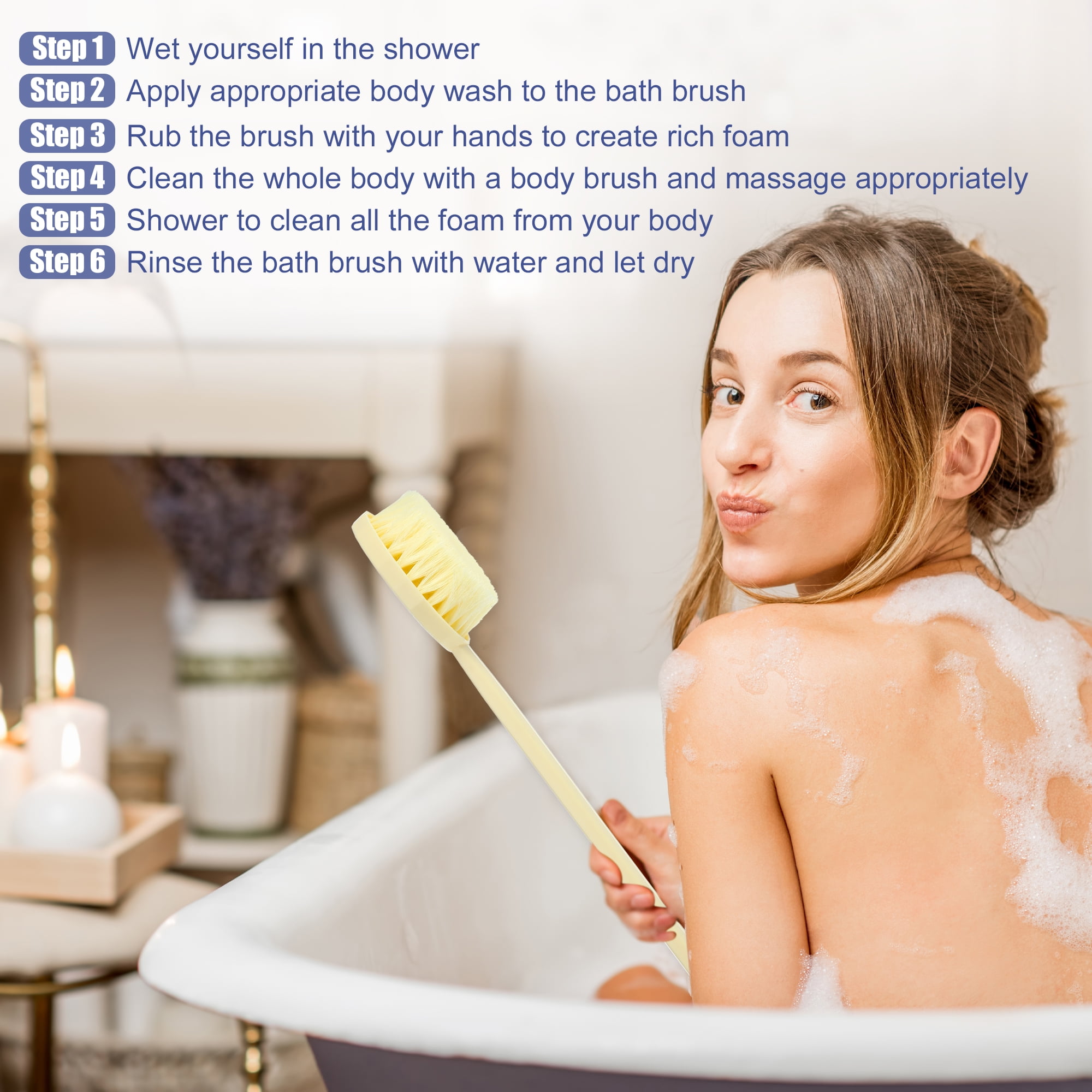 Unique Bargains Long Handle Bath Brush and Bathin Beige