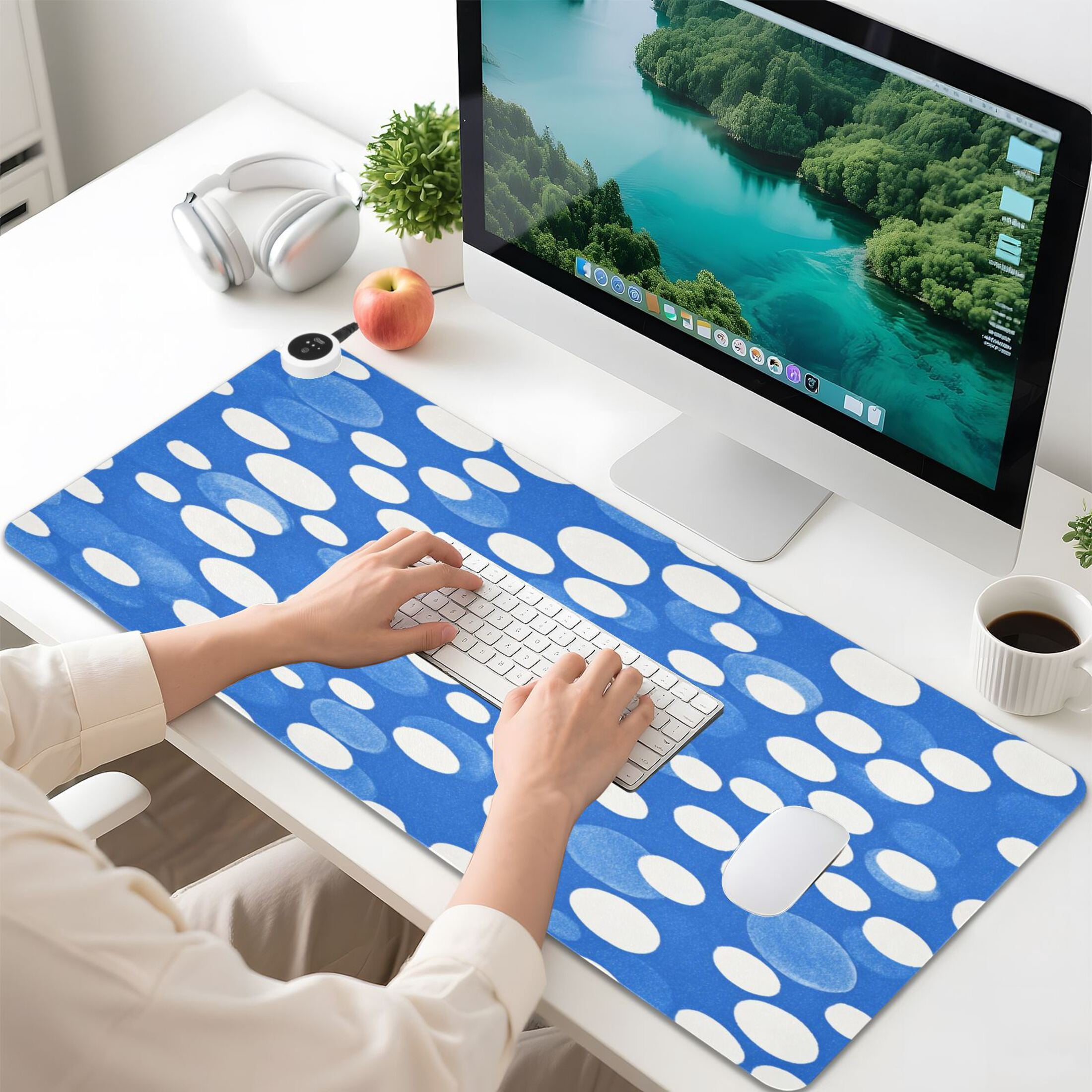 Large Heated Desk Mat Mouse Pad 31.5"x13"PU Leather Graphene Heating Desk Warmer with 3 Temperature Settings 110V US Plug Non-Slip Warm Pad for Home, Office, and Gaming Blue White Polka Dot