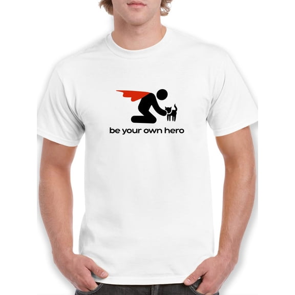 "Be Your Own Hero" Quote, Superhero With Cat Graphic Men White T-Shirt, Male Large