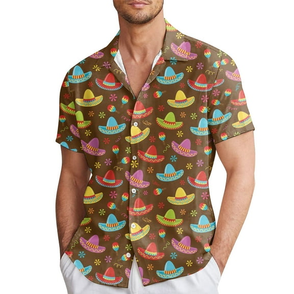 GHSOHS Mens T-Shirts Brown Men's Hawaiian Shirt Spring And Summer Mexican Style Casual Shirts Lapel Full Print Short Sleeve Holiday Vacation Beach Shirts Mens Hawaiian Button Down Shirt,3XL