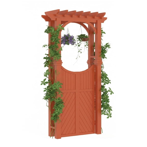 Wooden Garden Arbor with Gate and Trellis, Outdoor Arch Trellis for Climbing Plants and Plant Stand, Ideal for Yard and Garden Decoration