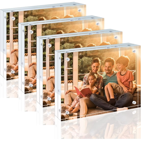 5x7 Acrylic Frames 4 Pack, 20mm Thicker Frameless Clear Picture Frames, Double Sided Magnetic Free Standing Desktop Display