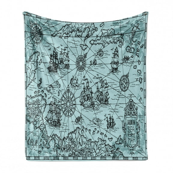 Map Soft Flannel Fleece Throw Blanket, Pirate Ships Adventurous Treasure Islands, Cozy Plush for Indoor and Outdoor Use, 50" x 70", Pale Grey Charcoal Grey, by Ambesonne