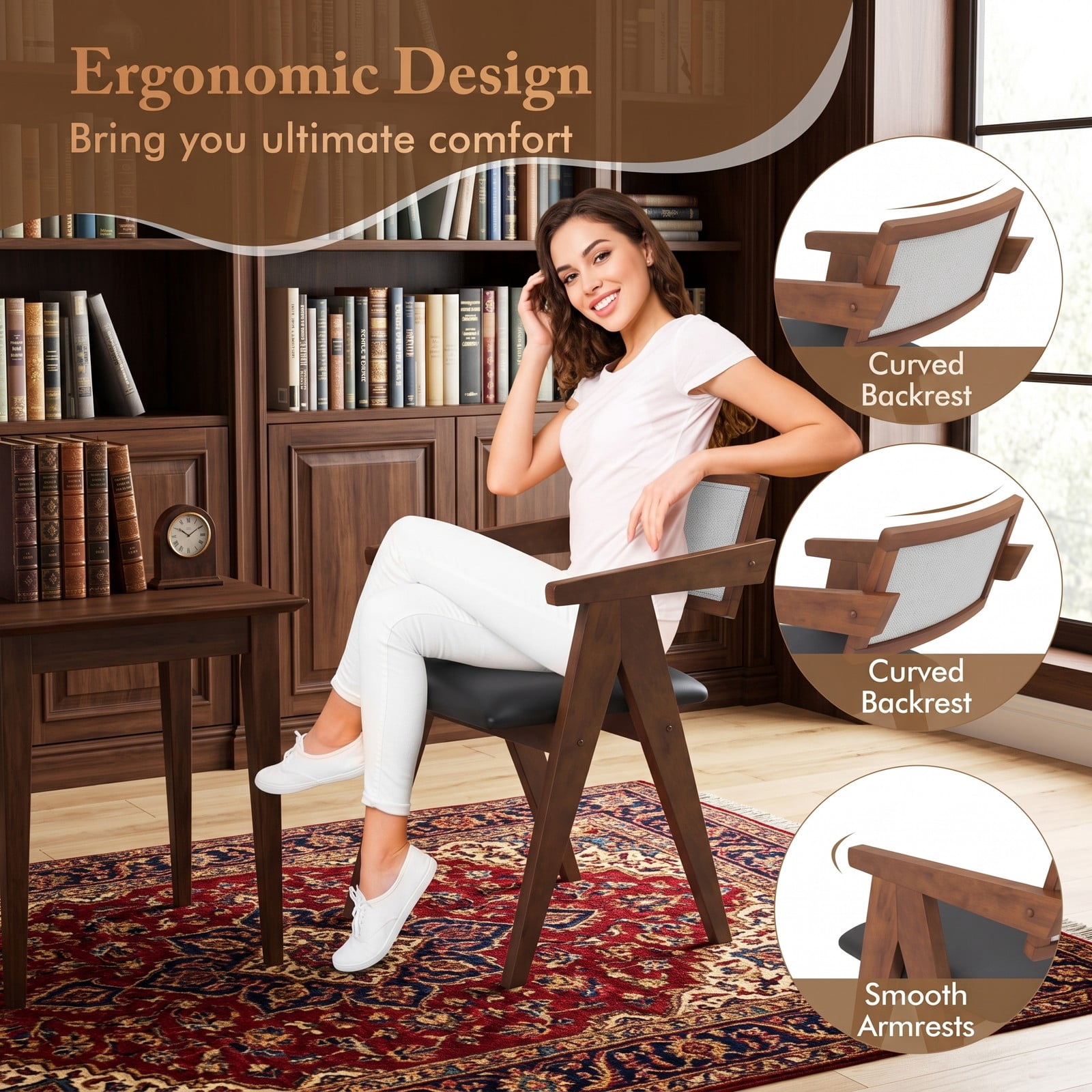 Furnibear Mid Century Modern Accent Chairs Set of 2, Upholstered Leathaire Armchair with Solid Rubber Wood Frame, Sherpa Backrest Living Room Bedroom Side Chair, Walnut