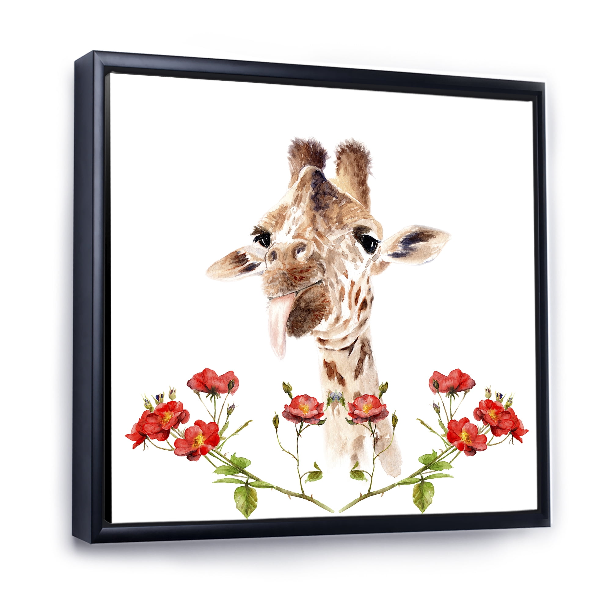 Designart 'Portrait of A Giraffe With Red Flowers I' Farmhouse Framed Canvas Wall Art Print