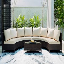 5 Piece Wicker Patio Furniture Set, Patio Sectional Sofa Set, Half-Moon Sectional Sofas W/ Tea Table, All-Weather Outdoor Chair Set, UV-resistance PE Rattan Furniture Set for Garden Porch Deck, T474