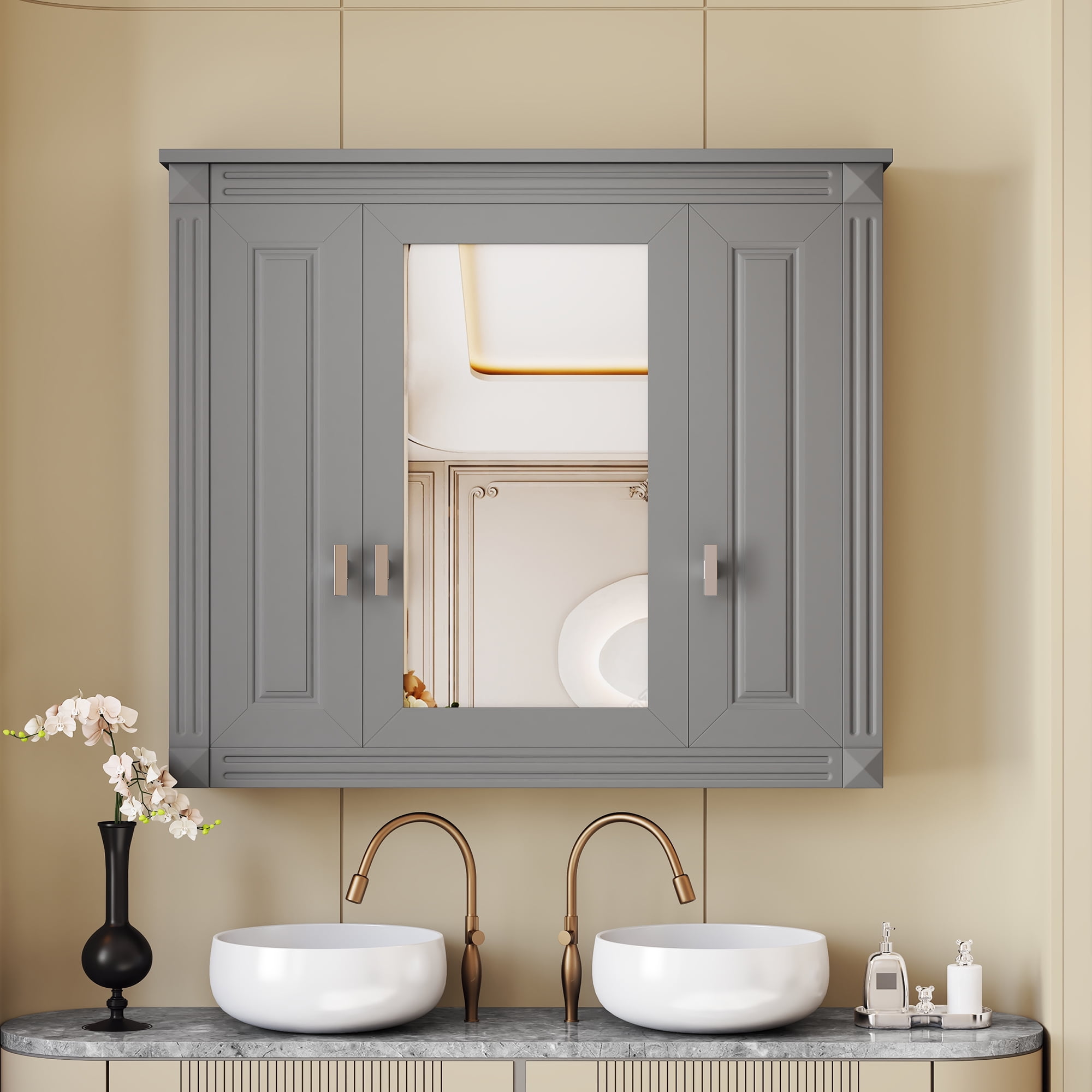 Euroco Bathroom Wall Cabinet with Mirror, Wall Mounted Medicine Cabinet with 4 Shelves, Mirrored Door Over Toilet Storage Cabinet