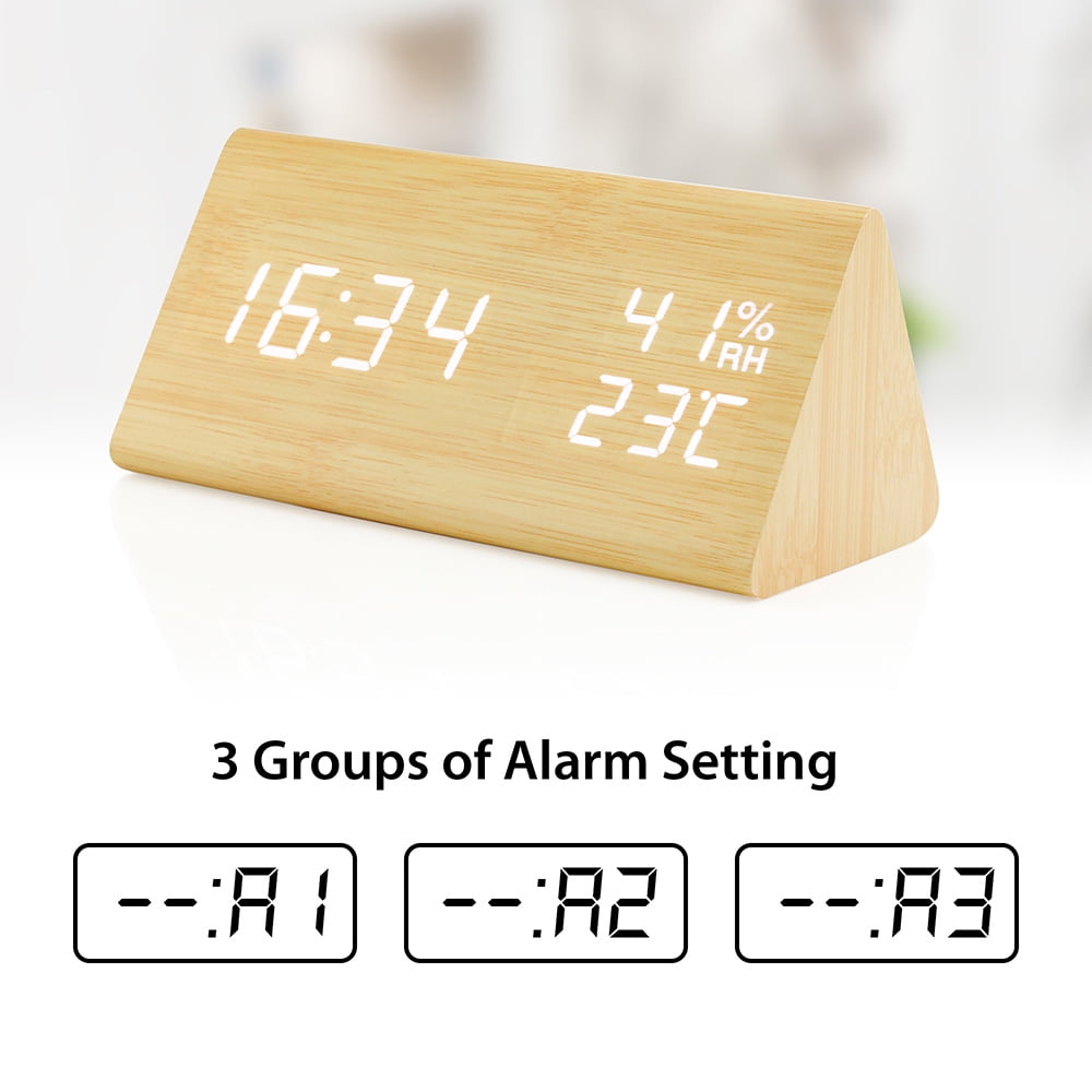 tolerance grave Hyret Wooden Alarm Clock, Wood LED Desk Clock, UPGRADED With Time Temperature,  Adjustable Brightness, 3 Set of Alarm and Voice Control, Humidity  Displaying - Bamboo - Walmart.com