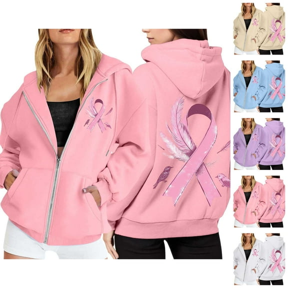 Hoodie Womens Sweatshirt Oversized Lightweight Casual Daily Zip Up Women's With Pockets Cancer Awareness Pullover Soft Warm Long Sleeve Athletic For Running Yoga Outdoor