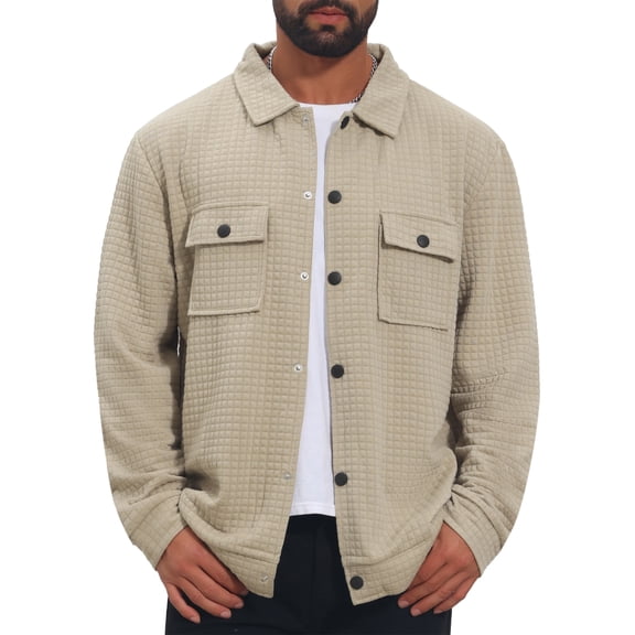 Men's Casual Shacket Button Long Sleeves Trucker Jacket for Everyday Wear M Khaki
