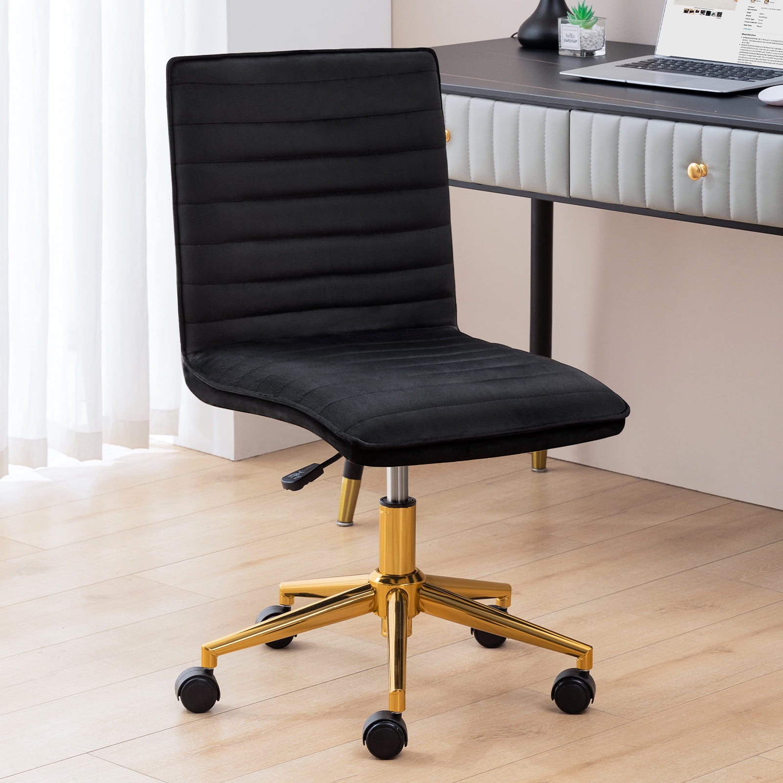 Furniliving Mid-Back Armless Desk Chair, Velvet Swivel Office Chair,Adjustable Rolling Computer Chair for Living Room, Black