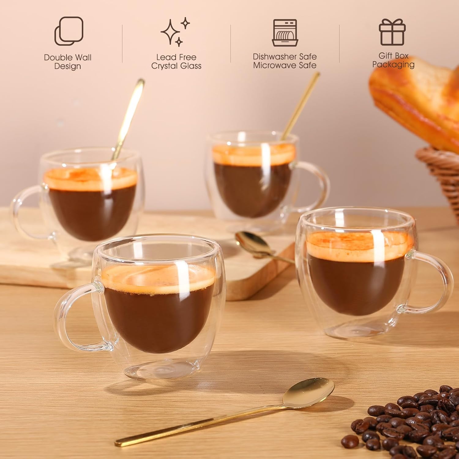 Espresso Cups Set Of 4,Double Wall 5OZ Hand Blown coffee Shots Glass,Espresso Coffee Mugs In Gift Box,Perfect For Espresso,Latte,Cappuccinos,Tea Bag,Juice