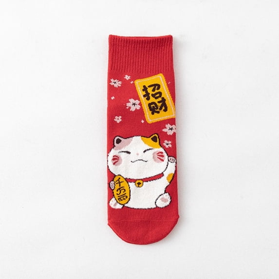 Soft Winter Harajuku Colorblocking Streetwear New Year Thick Girls Lucky Cat Socks Middle Tube Hosiery Cartoon Hosiery Chinese Style Socks I