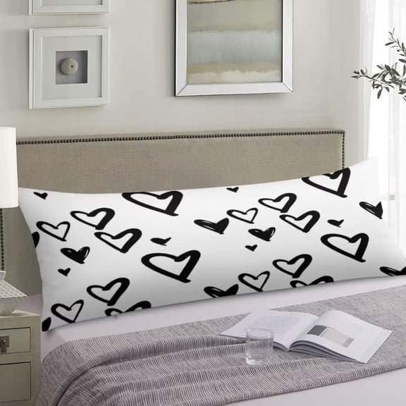 Heart Pattern Body Pillow Cover Cute Romantic Black and White Doodle Hearts of Love Soft Long Pillowcase with Zipper Decorative Valentines Cushion Bedding Pillow Cases for Couch,20"x54",Black White
