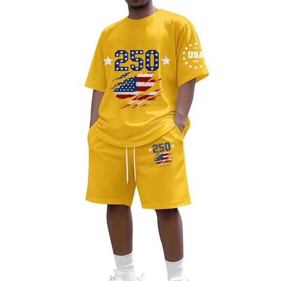 Homeyce Men's American USA Flag Patriotic T-Shirts Shorts Set Tracksuit 4th of July Shirts 2 Pockets Oversize Two Piece Casual Daily,Yellow 3XL