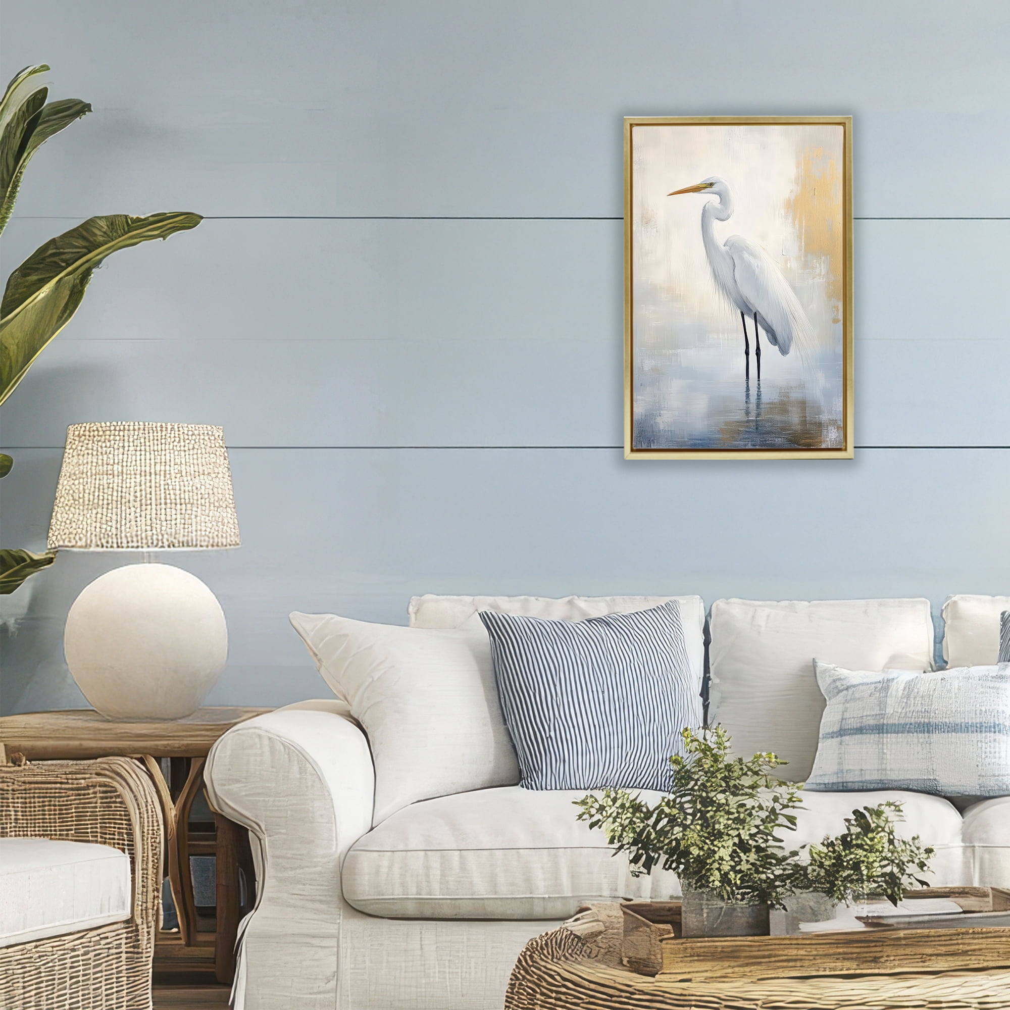 Stupell Industries Distressed Egret with Misty Reflection Gold Framed Floater Canvas Wall Art, design by Petal Prints Design