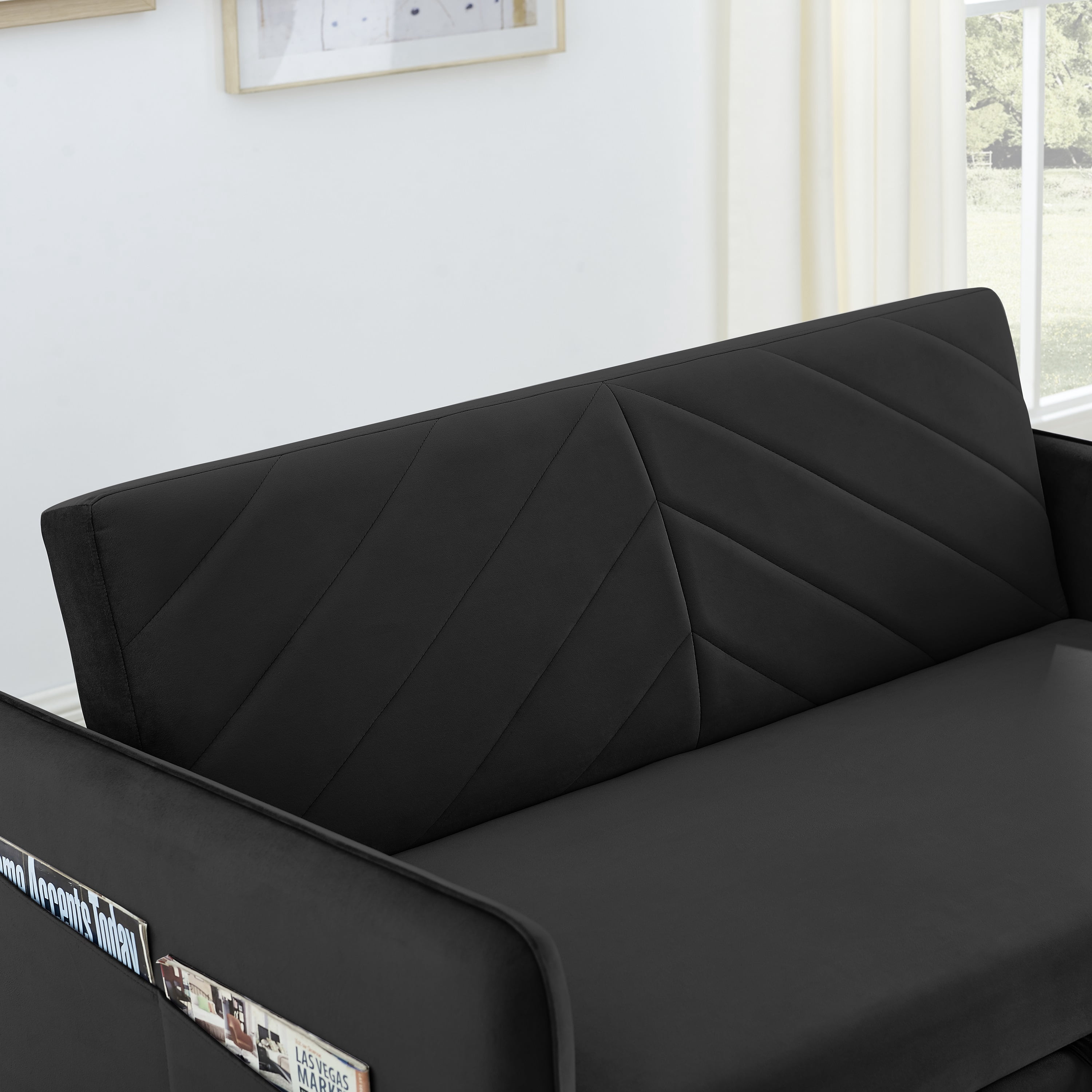 DEALTOPS Home Velvet USB Sleeper Sofa Couch Bed, Black