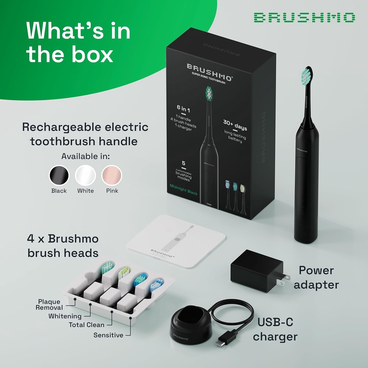 Brushmo Super Sonic Rechargeable Toothbrush, 5 Brushing Modes, Includes 4 Brush Heads, 2-min Timer, 30-Day Battery, Charging Base, Midnight Black