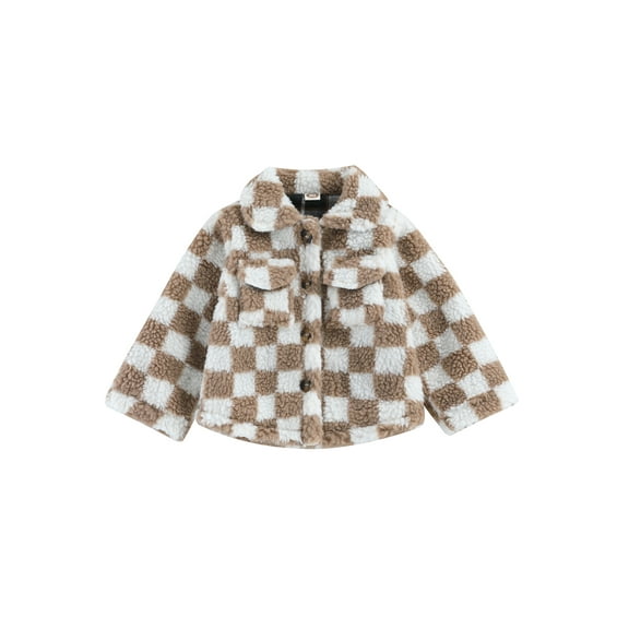 Toddler Baby Girls Winter Fleece Jacket Checkerboard Lapel Button Down Chest Pocket Sherpa Coat Warm Outerwear