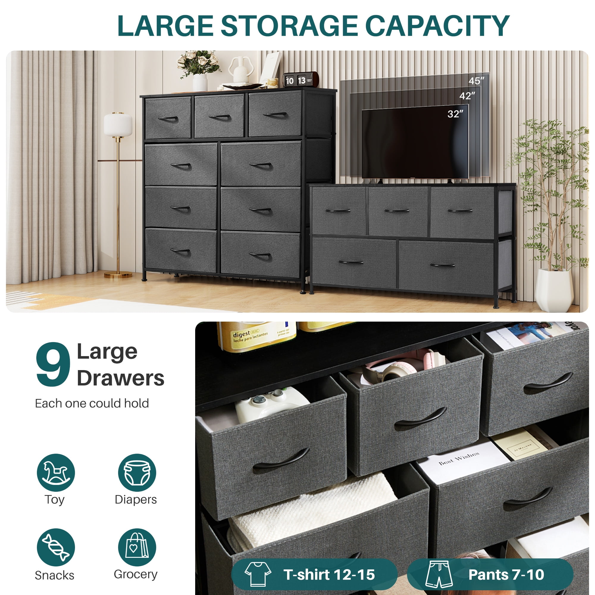 Nextay 9-Drawer Fabric Dresser for Bedroom, Storage Dresser Closet with Steel Frame & Wooden Top for Living Room, Dressing Room, Entryway, Gray