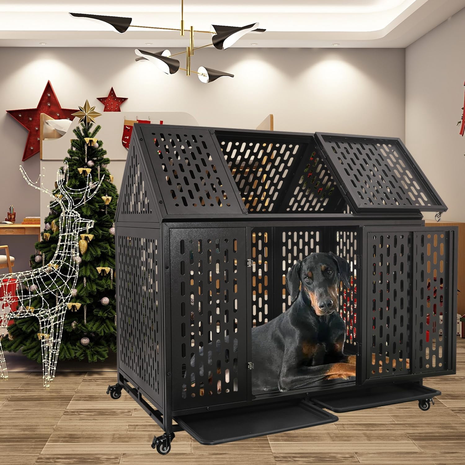Ufyerutg 45'' Indestructible Heavy Duty Dog Crate, Escape Proof Strong Steel Impact Pet Cage for Large Medium Dogs, High Anxiety Sound Proof Chewproof Kennel Double Door with Trays and Wheels