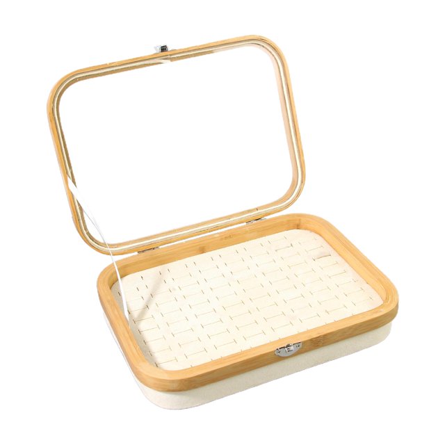 Estuche organizador de joyas portátil con tapa transparente para pendientes y anillos beige