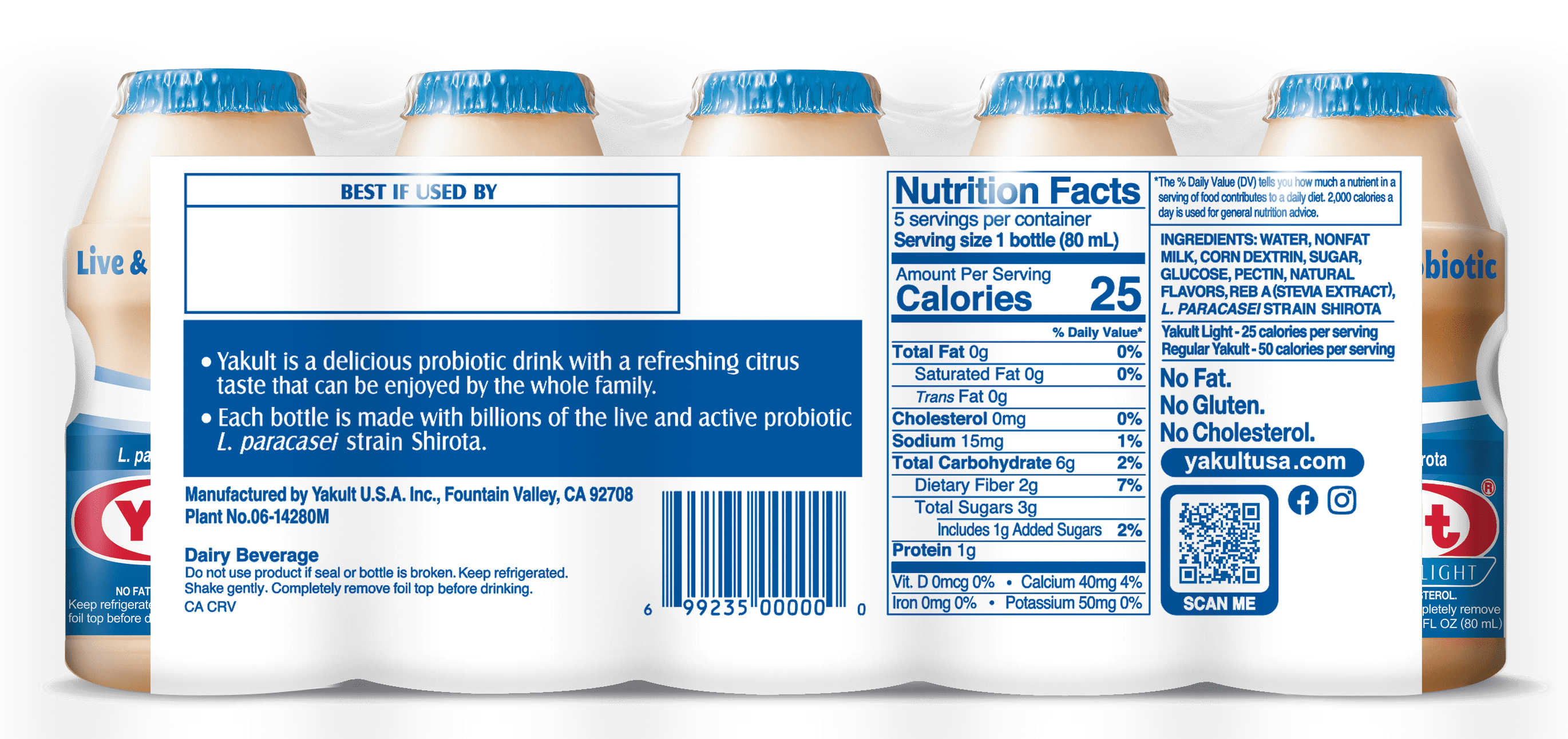 Yakult Light Nonfat Probiotic Drink, 2.7 fl. oz., 5 Bottles Gluten