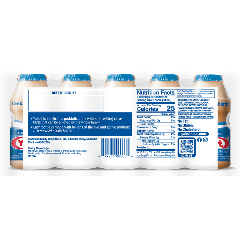 Yakult Light Nonfat Probiotic Drink, 2.7 fl. oz., 5 Bottles Gluten