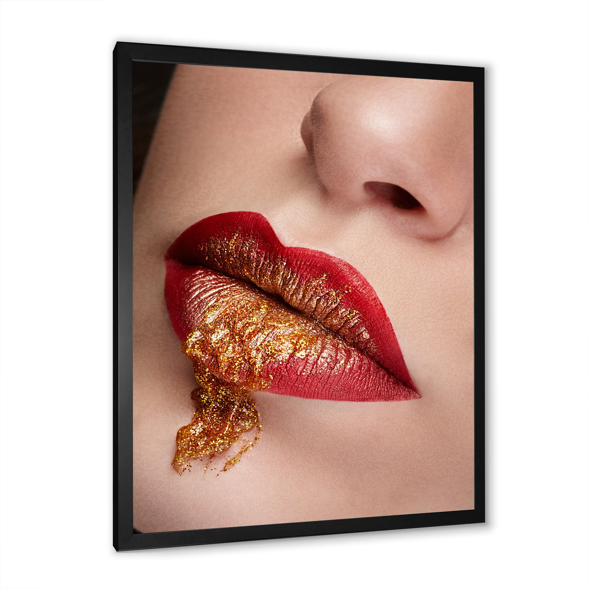 Designart 'Close Up Lips With Gold and Red Make Up' Modern Framed Art Print