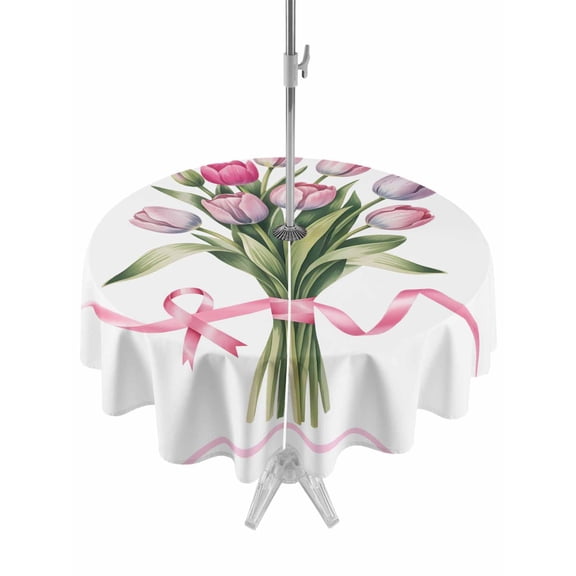 Outdoor Tablecloth with Umbrella Hole and Zipper, Pink Tulip Floral Round Table Cloth 54 Inch Waterproof Tablecloth, Spring Flowers Romantic Modern Art Picnic Table Cover for Patio Camping