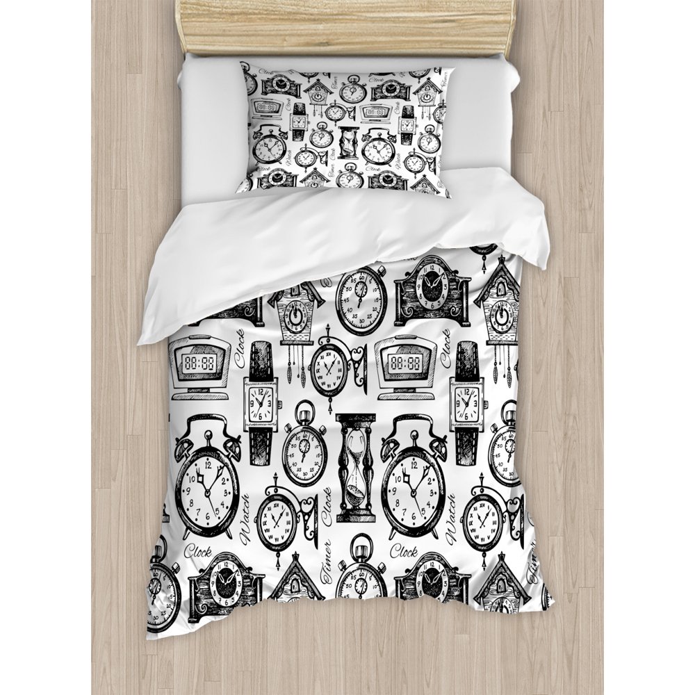 Clock Decor Twin Size Duvet Cover Set, Hand Drawn Clocks and Watches