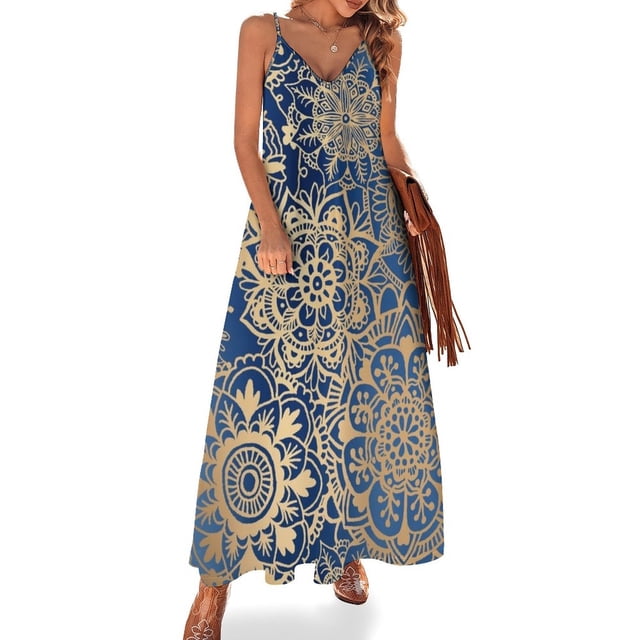 Vestido elegante sin mangas con estampado de mandala azul y dorado para invitados de boda, vestidos de playa, vestidos para fiesta de graduación