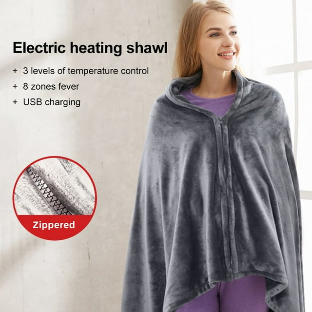 Plush Heated Shawl,USB Heated Shawl Blanket,Heating Scarf Flannel Warm Cape for Home Car Office Chair,59in*33.5in(Grey)