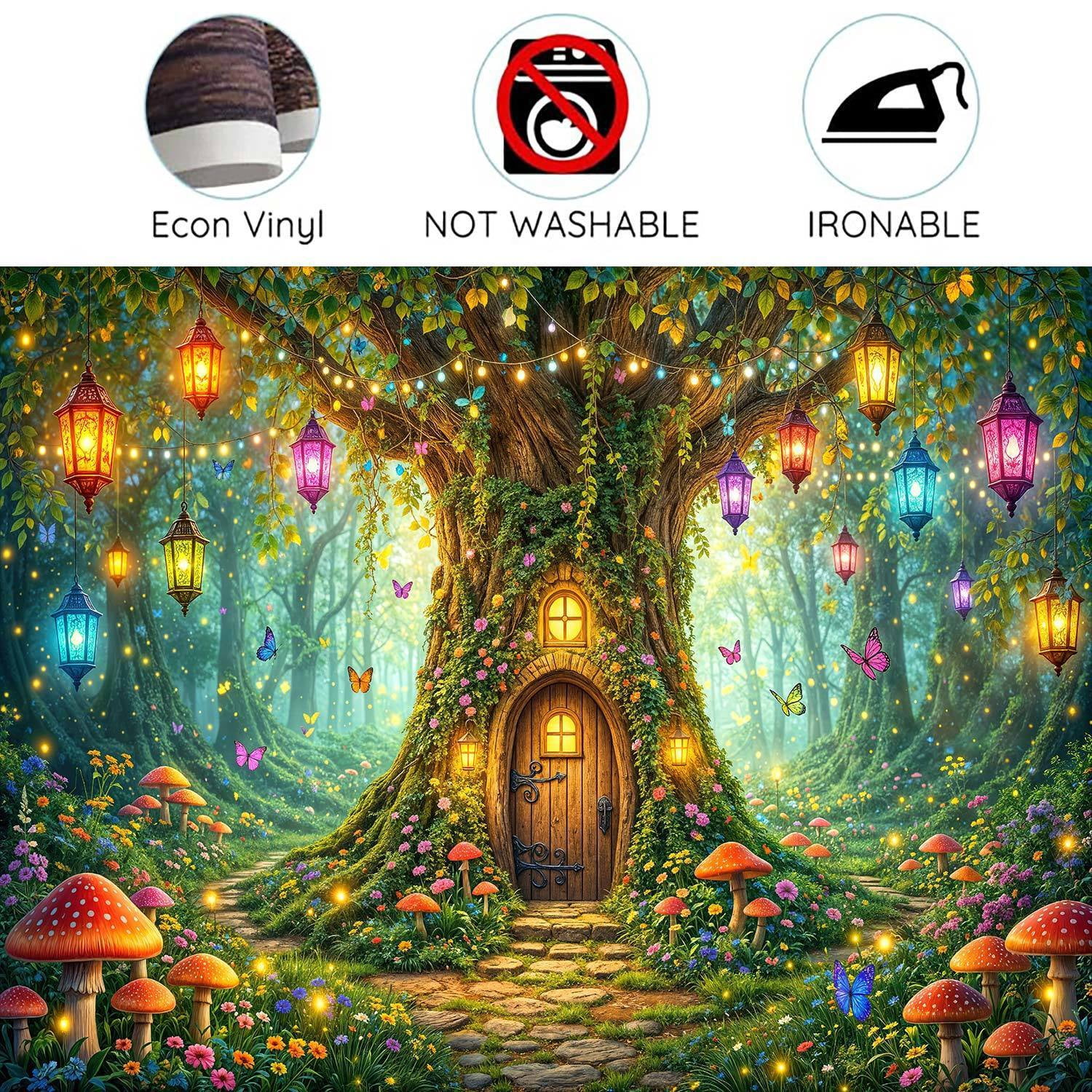 Enchanted Forest Fairy Treehouse Photography Backdrop, Magical Mushroom Lantern Butterfly Background for Kids Birthday Party Baby Shower Photo Booth Decorations Banner, 10x8ft