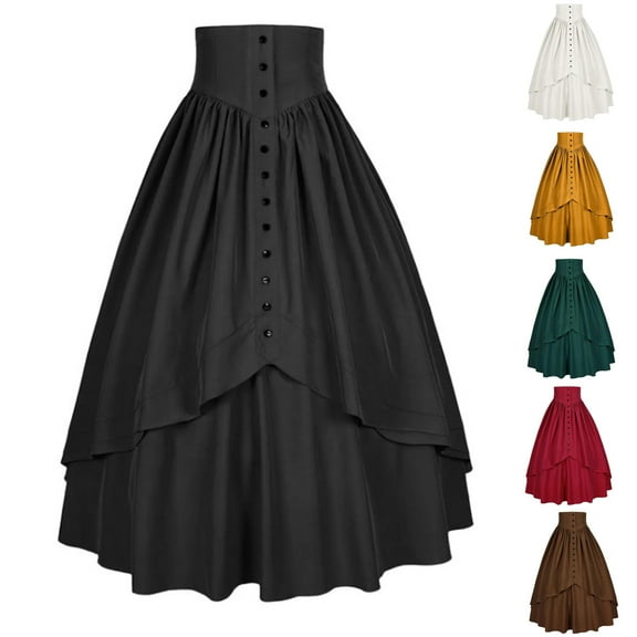 Jinhomg Womens Maxi Skirts Double Layered High Waisted Button Long Skirt Medieval Renaissance Peasant Skirts Black L