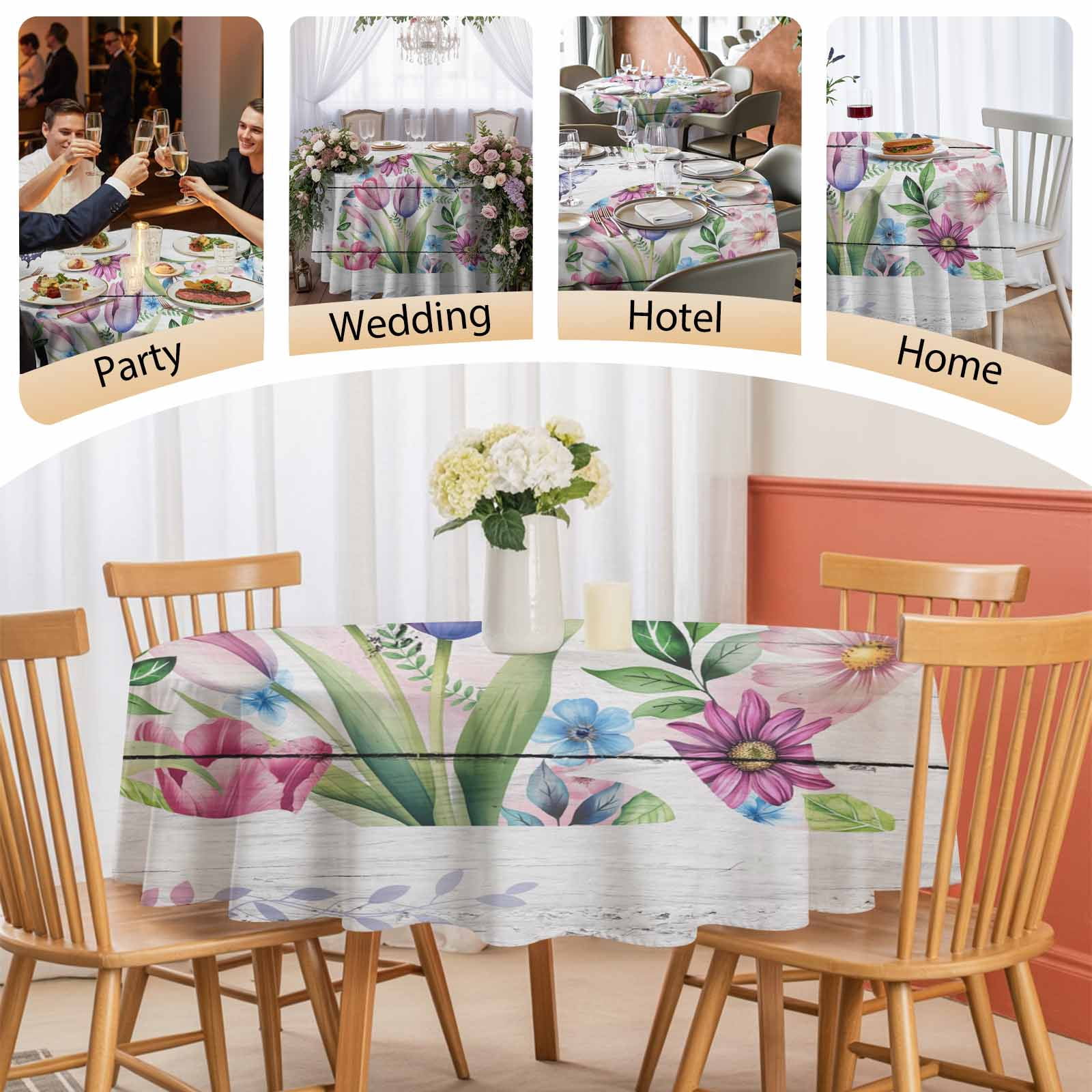 Round Tablecloth Happy Easter Waterproof Oil Proof Polyester Table Cloth Cover Decor for Home Dining Outdoor,Patio,Parties, 60" Dia. Spring Floral Rabbit Bunny Rustic Wood