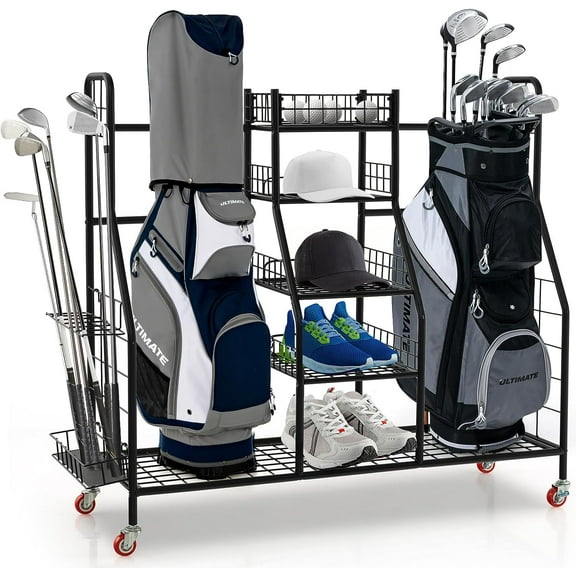 MarketLane Golf Bag Storage Rack for Garage, Heavy Duty Metal Double Golf Bag Storage Rack with Removable Golf Club Stand, Shelves & Lockable Wheels, Extra Large Golf Equipment Organizer for Garage