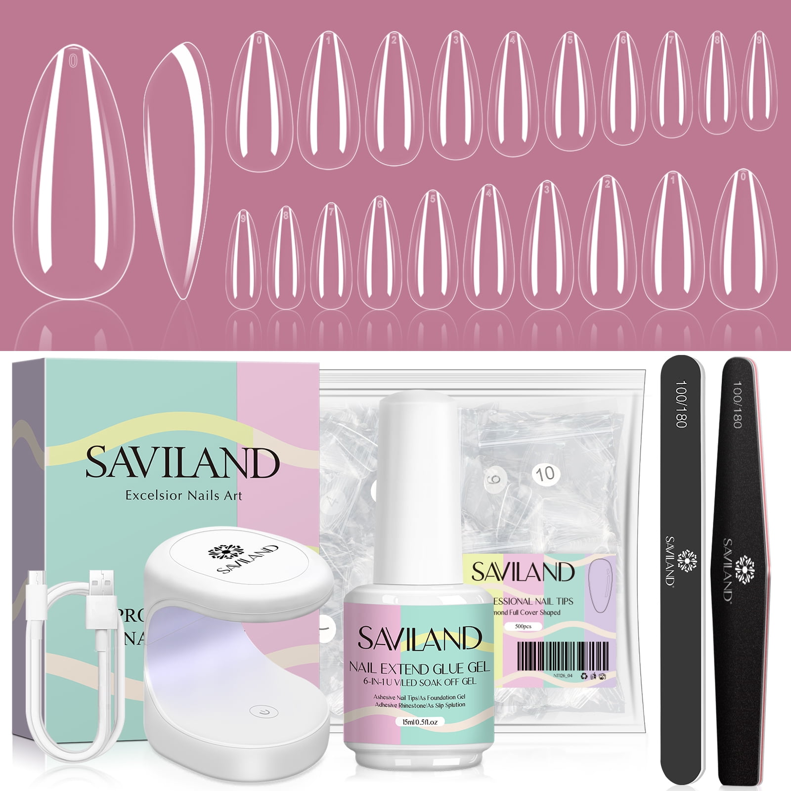 Saviland Nail Tip and Glue Gel Kit Gel Nail Kit with 500pcs Almond