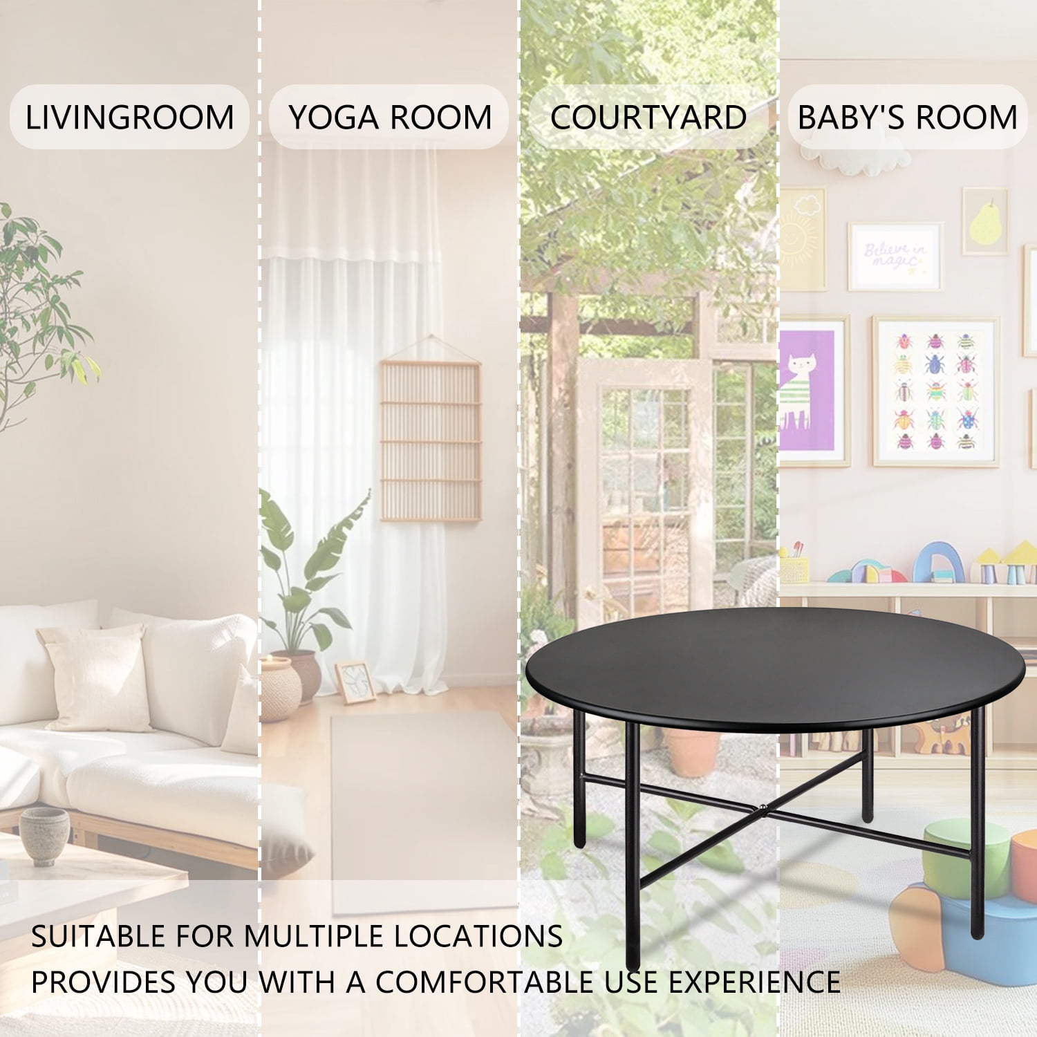 CERBIOR Patio Round Steel Coffee Table, Weather Resistant Anti-Rust and Waterproof Indoor and Outdoor Large Side Table, for Garden Living Room Bedroom Balcony（Black）