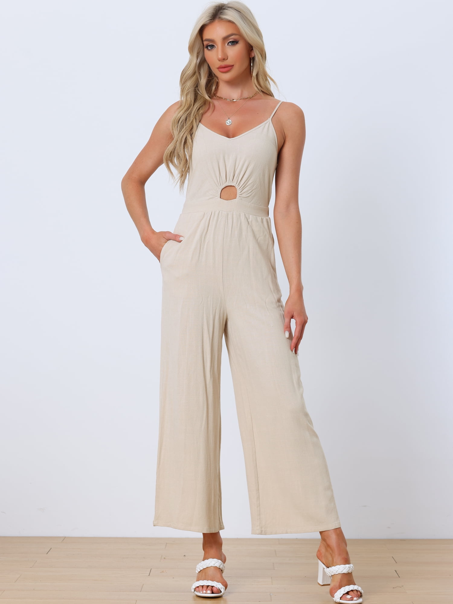 Unique Bargains Women's Jumpsuit Casual Spaghetti Strap Cut Out Wide Leg Romper S Beige
