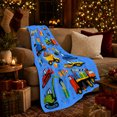 thumbnail image 3 of Construction Vehicles with Balloons and Presents, Festive Cartoon Style for Kids, Party Truck Crane Pattern, Cozy Flannel Blanket for Playroom and Bedroom, Birthday Gift and Truck Home Decor, 3 of 9